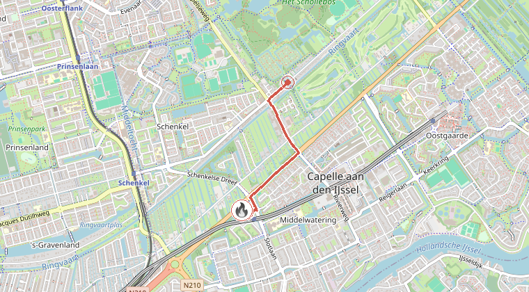 Kaart van de omgeving van de melding, met de kazerne die is gealarmeerd