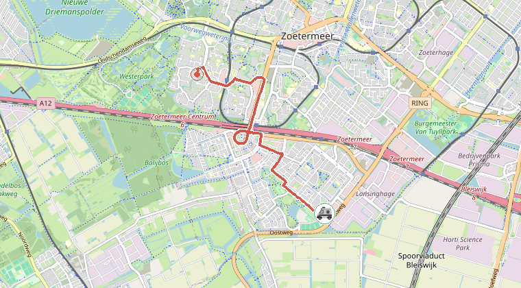 Kaart van de omgeving van de melding, met de kazerne die is gealarmeerd