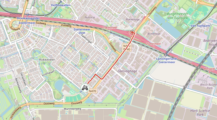 Kaart van de omgeving van de melding, met de kazerne die is gealarmeerd