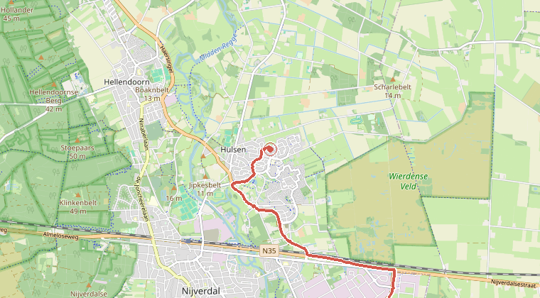 Kaart van de omgeving van de melding, met de kazerne die is gealarmeerd