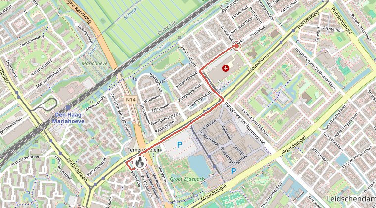 Kaart van de omgeving van de melding, met de kazerne die is gealarmeerd