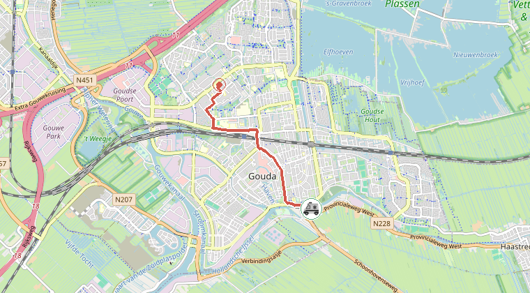Kaart van de omgeving van de melding, met de kazerne die is gealarmeerd