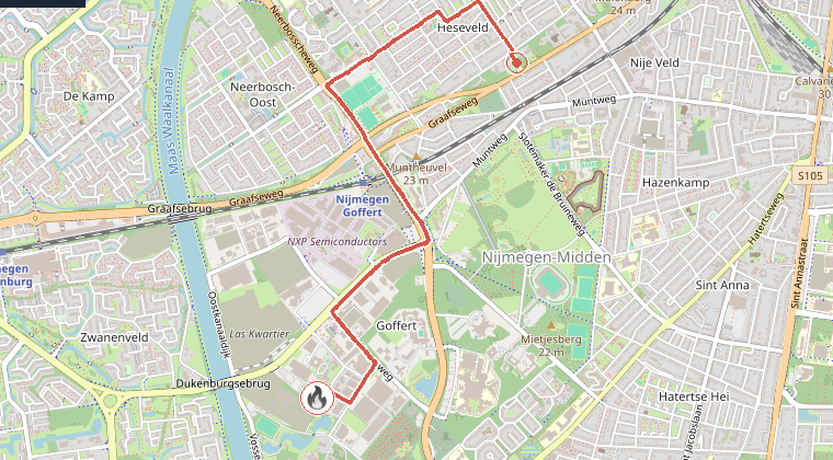 Kaart van de omgeving van de melding, met de kazerne die is gealarmeerd