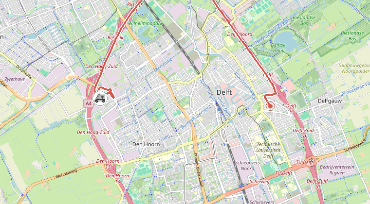 Kaart van de omgeving van de melding, met de kazerne die is gealarmeerd