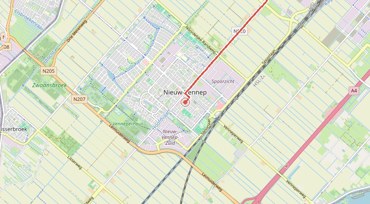 Kaart van de omgeving van de melding, met de kazerne die is gealarmeerd