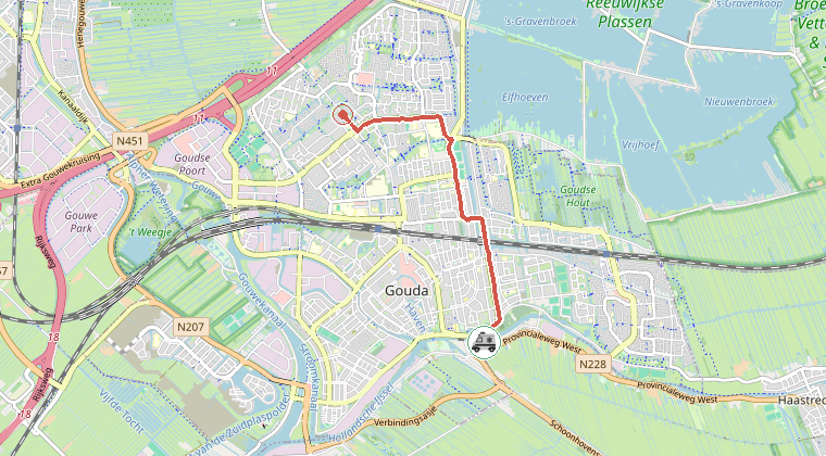 Kaart van de omgeving van de melding, met de kazerne die is gealarmeerd