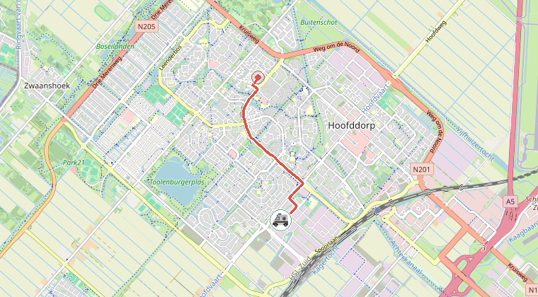 Kaart van de omgeving van de melding, met de kazerne die is gealarmeerd