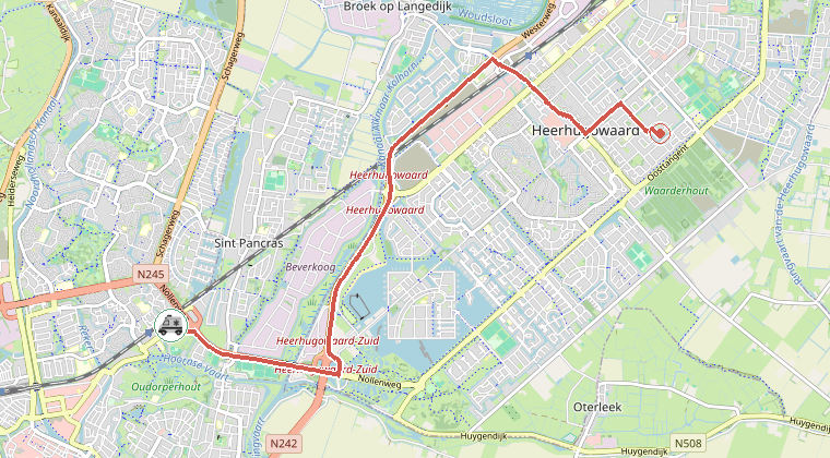 Kaart van de omgeving van de melding, met de kazerne die is gealarmeerd