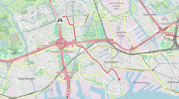 Kaart van de omgeving van de melding, met de kazerne die is gealarmeerd