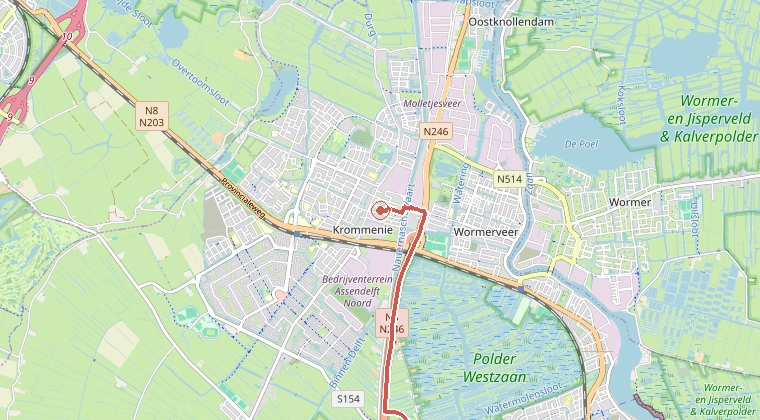 Kaart van de omgeving van de melding, met de kazerne die is gealarmeerd