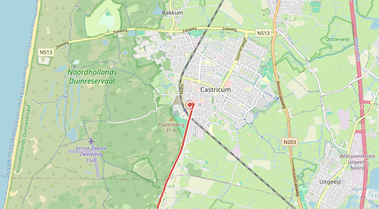 Kaart van de omgeving van de melding, met de kazerne die is gealarmeerd