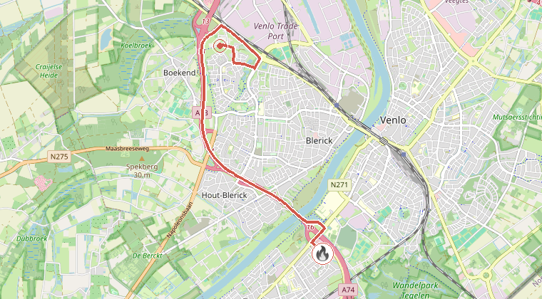 Kaart van de omgeving van de melding, met de kazerne die is gealarmeerd