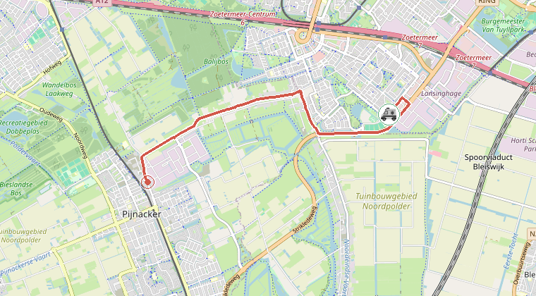 Kaart van de omgeving van de melding, met de kazerne die is gealarmeerd