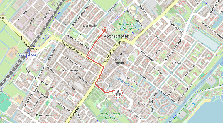 Kaart van de omgeving van de melding, met de kazerne die is gealarmeerd