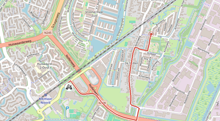 Kaart van de omgeving van de melding, met de kazerne die is gealarmeerd