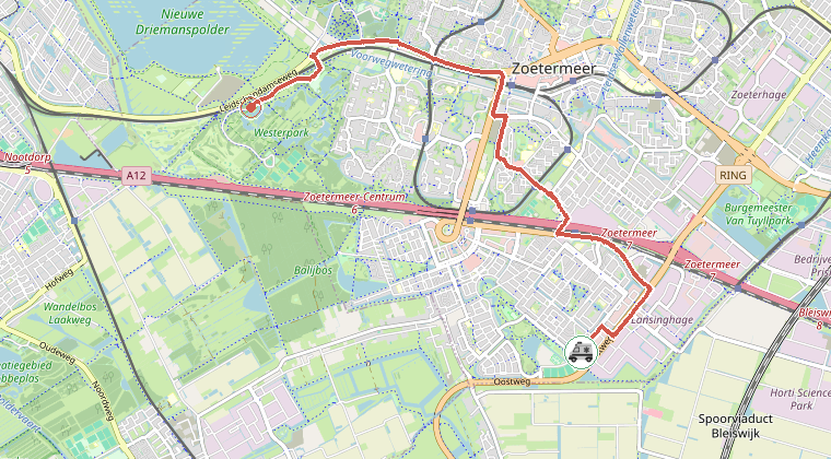 Kaart van de omgeving van de melding, met de kazerne die is gealarmeerd