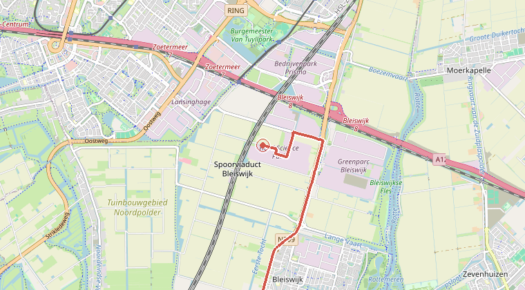 Kaart van de omgeving van de melding, met de kazerne die is gealarmeerd