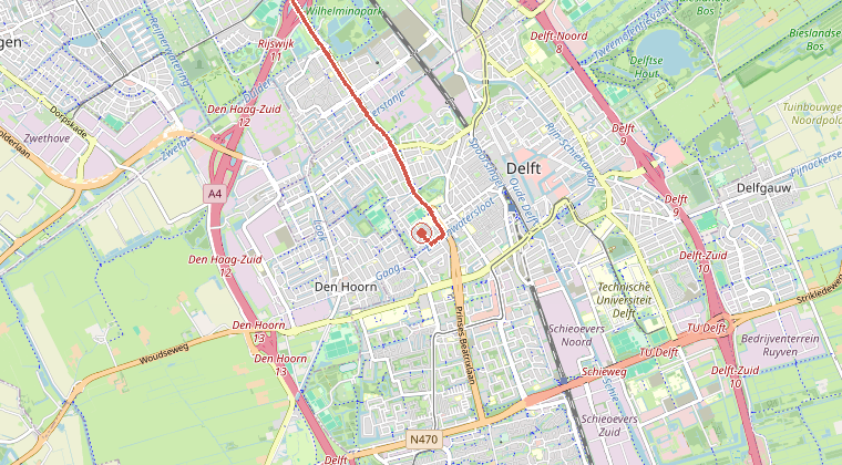 Kaart van de omgeving van de melding, met de kazerne die is gealarmeerd