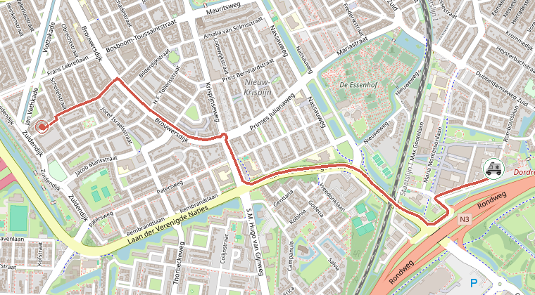 Kaart van de omgeving van de melding, met de kazerne die is gealarmeerd