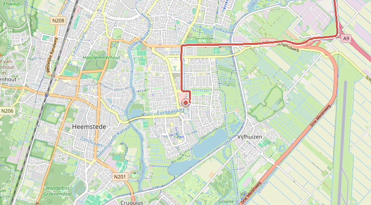 Kaart van de omgeving van de melding, met de kazerne die is gealarmeerd