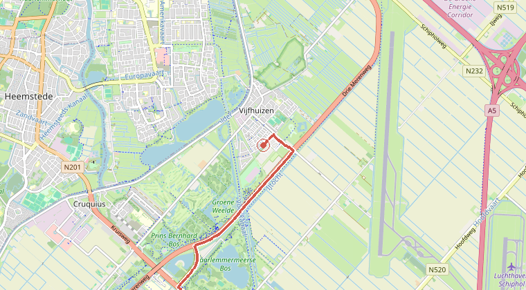 Kaart van de omgeving van de melding, met de kazerne die is gealarmeerd