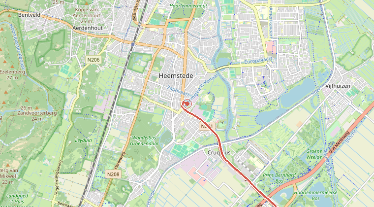 Kaart van de omgeving van de melding, met de kazerne die is gealarmeerd