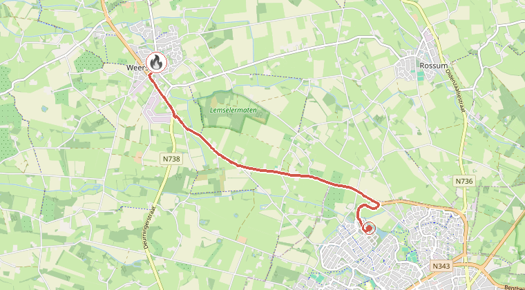 Kaart van de omgeving van de melding, met de kazerne die is gealarmeerd