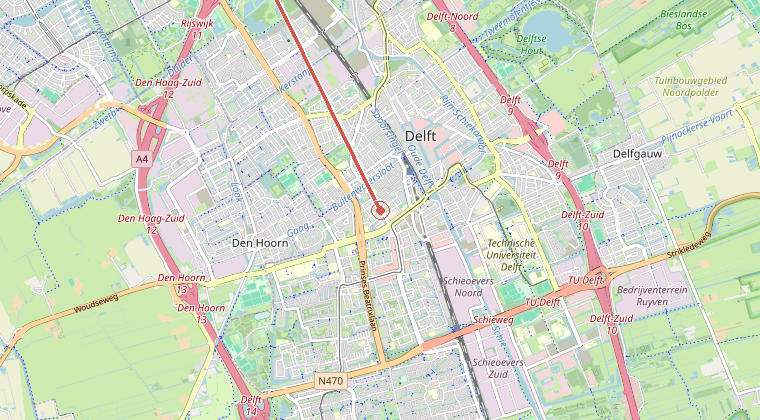 Kaart van de omgeving van de melding, met de kazerne die is gealarmeerd