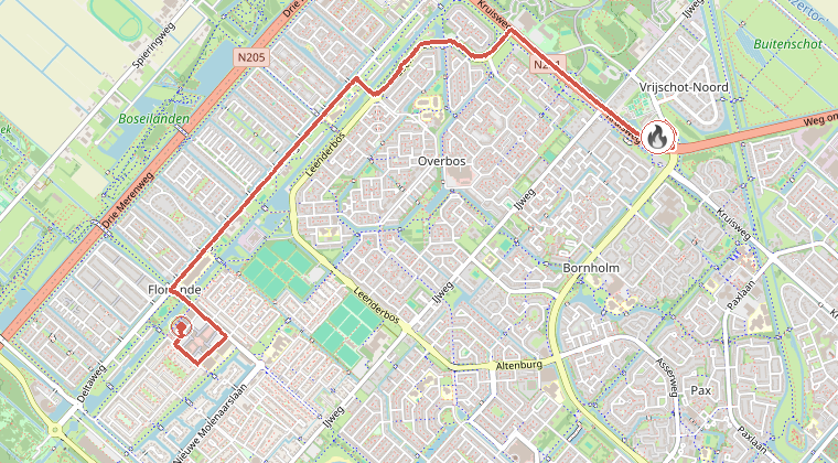 Kaart van de omgeving van de melding, met de kazerne die is gealarmeerd