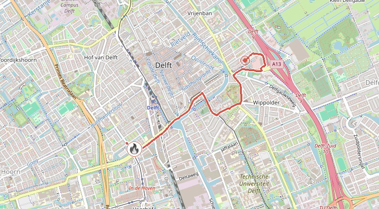 Kaart van de omgeving van de melding, met de kazerne die is gealarmeerd