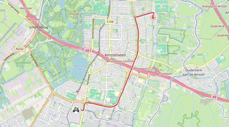 Kaart van de omgeving van de melding, met de kazerne die is gealarmeerd