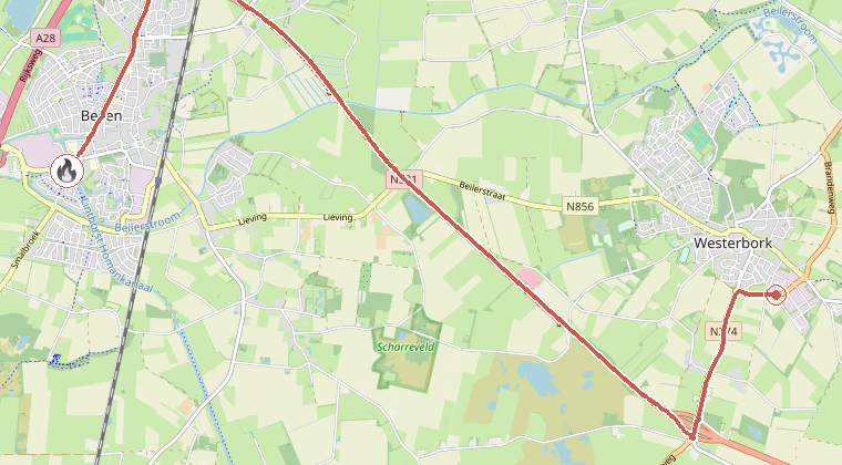 Kaart van de omgeving van de melding, met de kazerne die is gealarmeerd