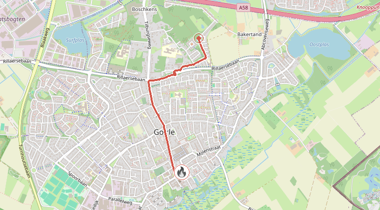 Kaart van de omgeving van de melding, met de kazerne die is gealarmeerd