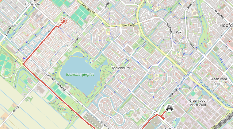 Kaart van de omgeving van de melding, met de kazerne die is gealarmeerd