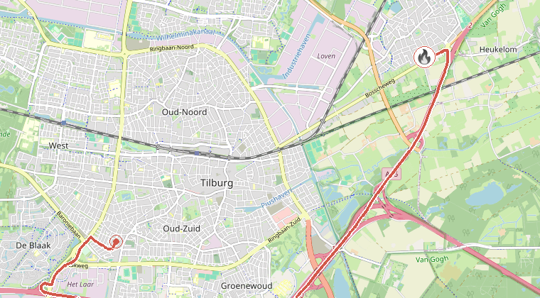 Kaart van de omgeving van de melding, met de kazerne die is gealarmeerd