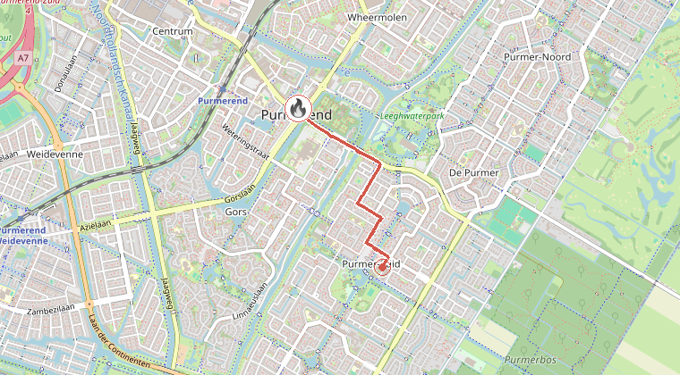 Kaart van de omgeving van de melding, met de kazerne die is gealarmeerd