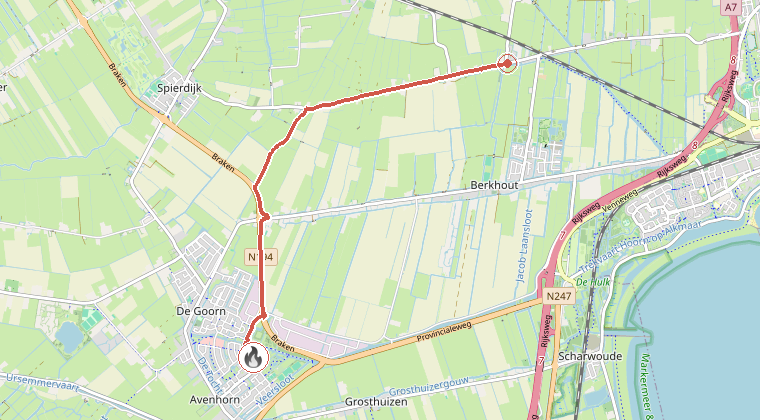 Kaart van de omgeving van de melding, met de kazerne die is gealarmeerd