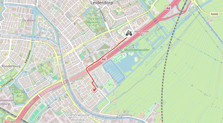 Kaart van de omgeving van de melding, met de kazerne die is gealarmeerd