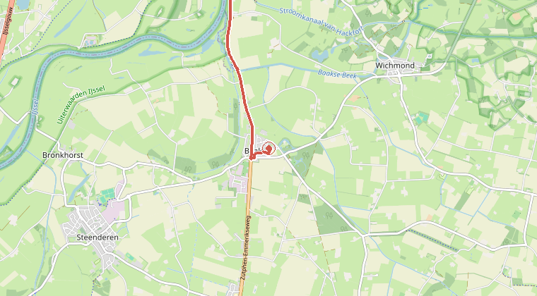 Kaart van de omgeving van de melding, met de kazerne die is gealarmeerd