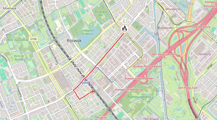 Kaart van de omgeving van de melding, met de kazerne die is gealarmeerd