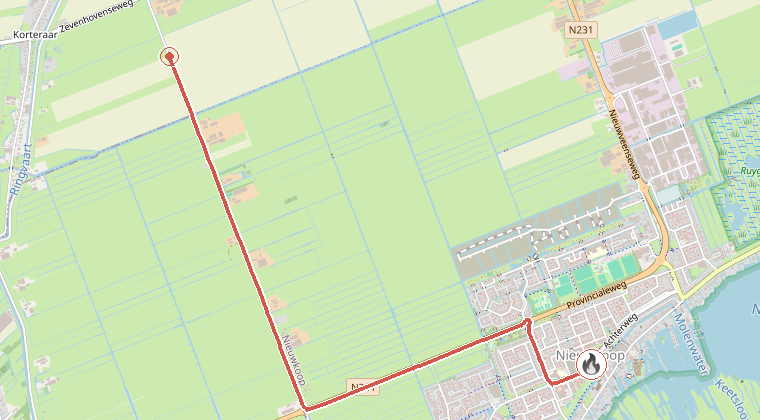 Kaart van de omgeving van de melding, met de kazerne die is gealarmeerd