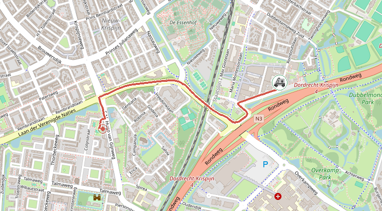 Kaart van de omgeving van de melding, met de kazerne die is gealarmeerd