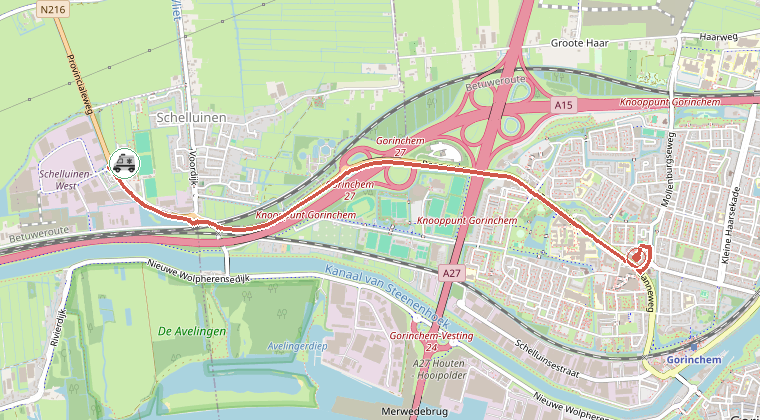 Kaart van de omgeving van de melding, met de kazerne die is gealarmeerd