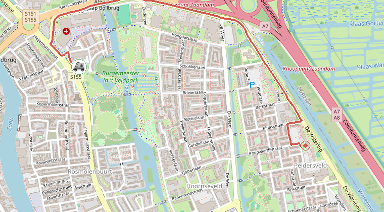 Kaart van de omgeving van de melding, met de kazerne die is gealarmeerd