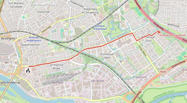 Kaart van de omgeving van de melding, met de kazerne die is gealarmeerd