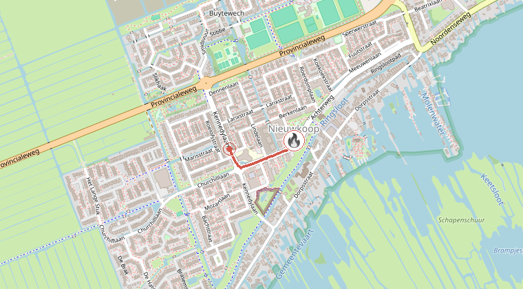 Kaart van de omgeving van de melding, met de kazerne die is gealarmeerd