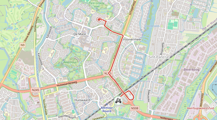 Kaart van de omgeving van de melding, met de kazerne die is gealarmeerd
