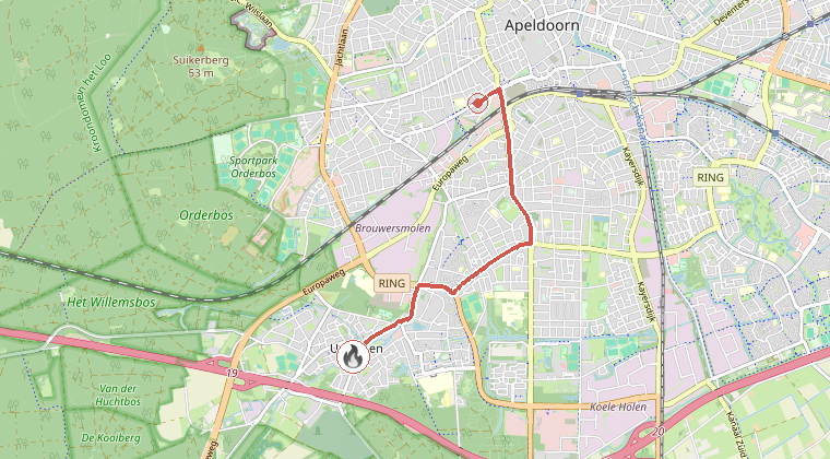 Kaart van de omgeving van de melding, met de kazerne die is gealarmeerd