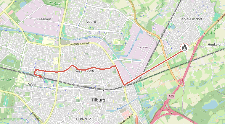 Kaart van de omgeving van de melding, met de kazerne die is gealarmeerd