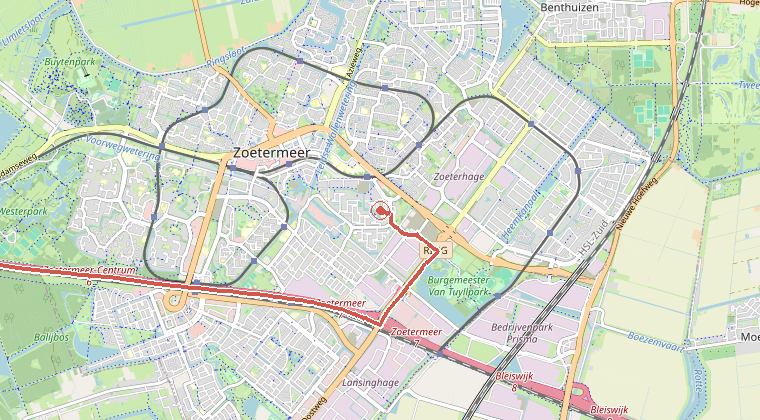 Kaart van de omgeving van de melding, met de kazerne die is gealarmeerd